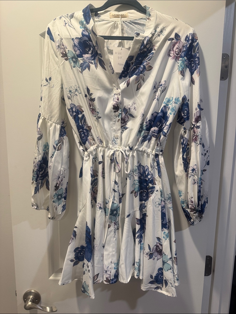 Lavender Blue Floral  Mini Dress w/ bell sleeve - White/Blue NWT